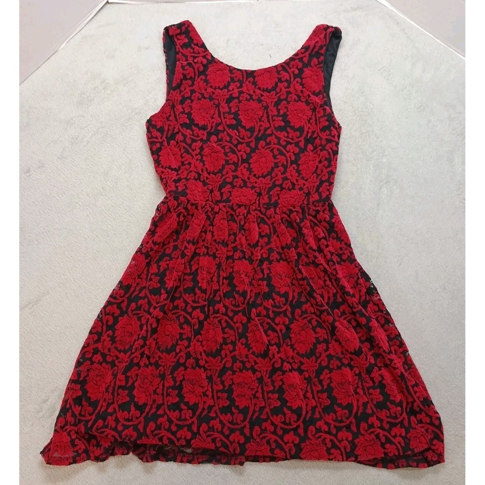 Red And Black Floral Sleeveless Lace Fit & Flare Dress Women's Large Moon